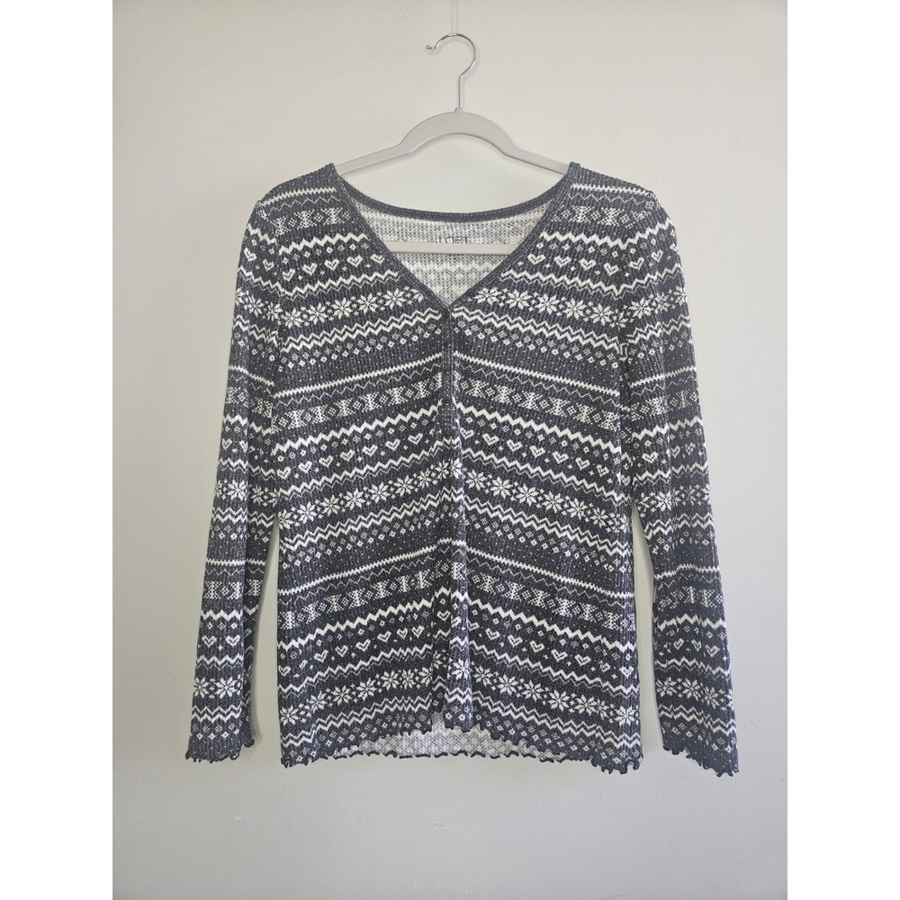 Loft Sleep Black White Fair Isle V-Neck Pajama Top Medium Waffle Knit